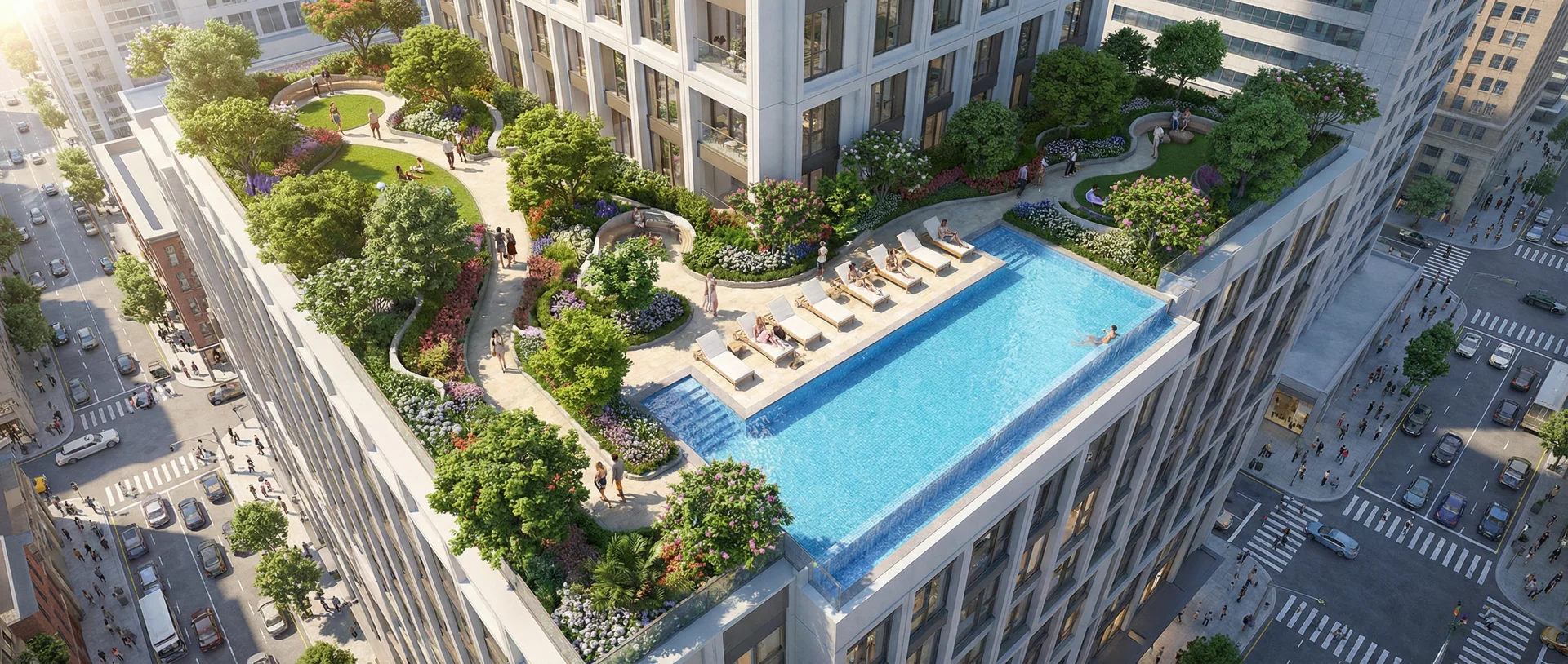 Podium Rooftop Garden Oasis and Luxury Swimming Pool on High-Rise